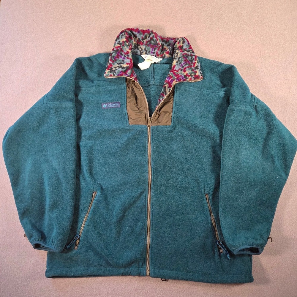 Vintage Columbia Jacket Mens Large Teal Fleece Full Zip Speckle Sportswear 90s